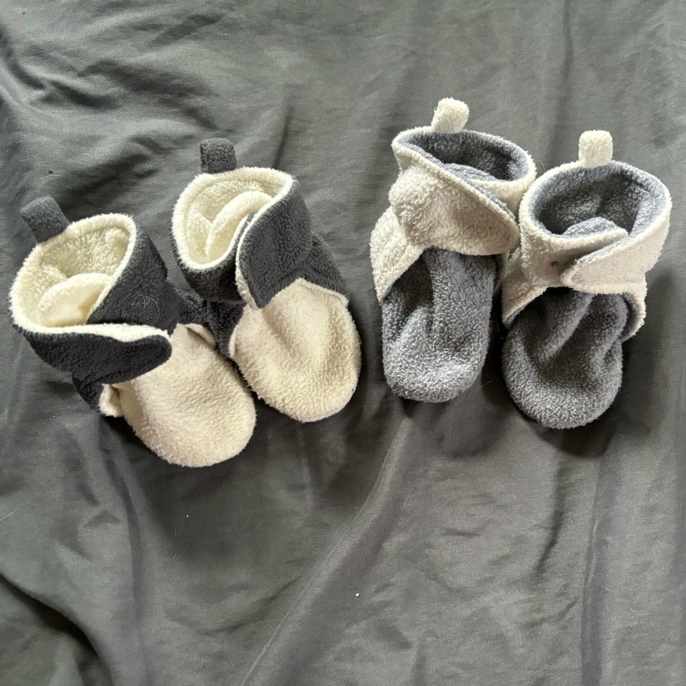 Gray and white fleece baby booties bundle of two pairs